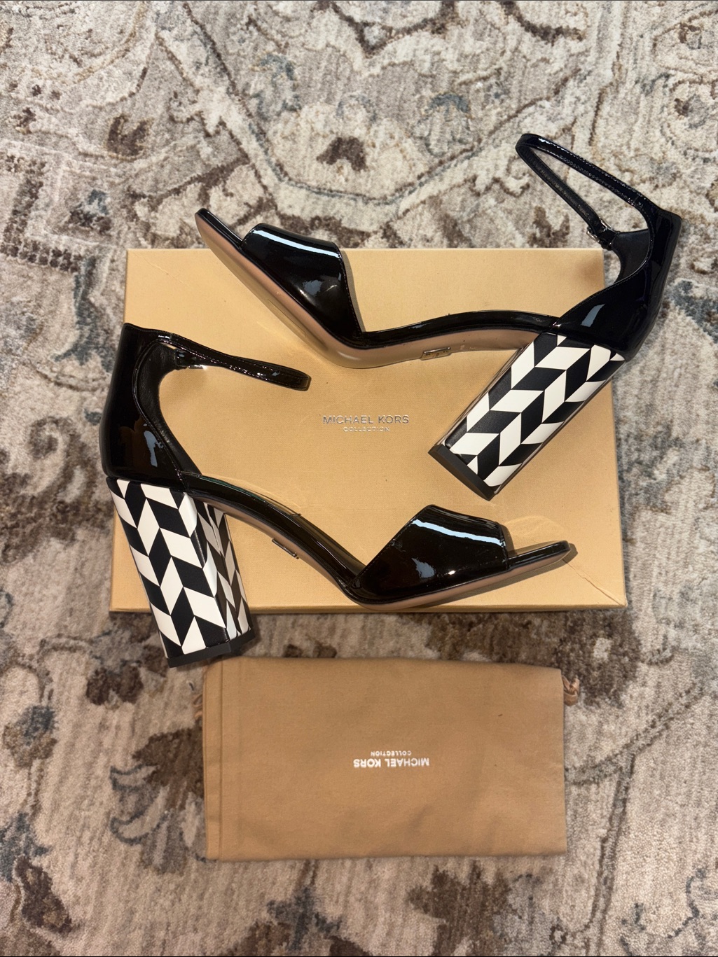 Michael Kors Black Patent Sandals With Monochrome Graphic Block Heel